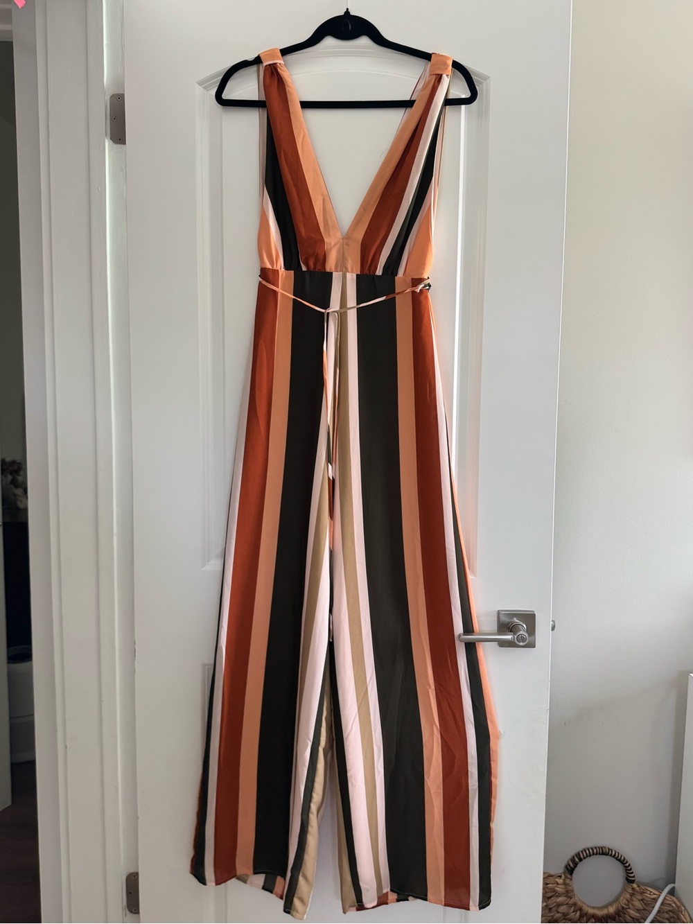 Striped V-Neck Wide-Leg Jumpsuit in Rust Multi